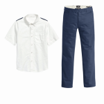 Camisa blanca y pantalón azul tipo docker para uniformes de hotel