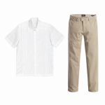 Conjunto de camisa blanca de manga corta y pantalón color arena en Tergal Catalán para uniformes de hoteles