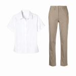 Conjunto de blusa blanca y pantalón color arena en Tergal Catalán para uniformes de hoteles