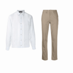 Conjunto de blusa blanca de manga larga y pantalón color arena en Tergal Catalán para uniformes de hoteles