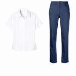Conjunto de blusa blanca y pantalón azul para uniformes de hoteles en Tergal Catalán