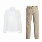 Conjunto de camisa blanca y pantalón color arena en Tergal Catalán para uniformes de hoteles