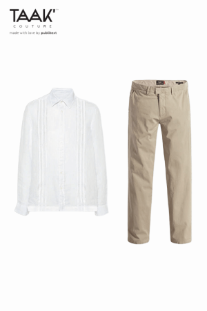 Conjunto de camisa blanca y pantalón color arena en Tergal Catalán para uniformes de hoteles