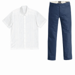 Uniformes para hoteles en Tergal Catalán: camisa blanca y pantalón azul acero
